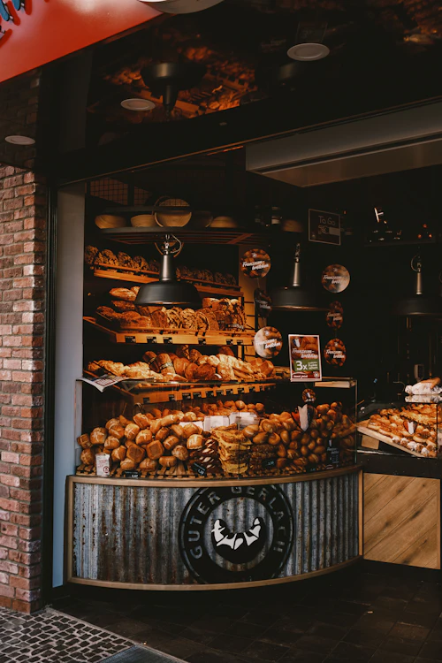 Turkish bakery display case with fresh bread and pastries