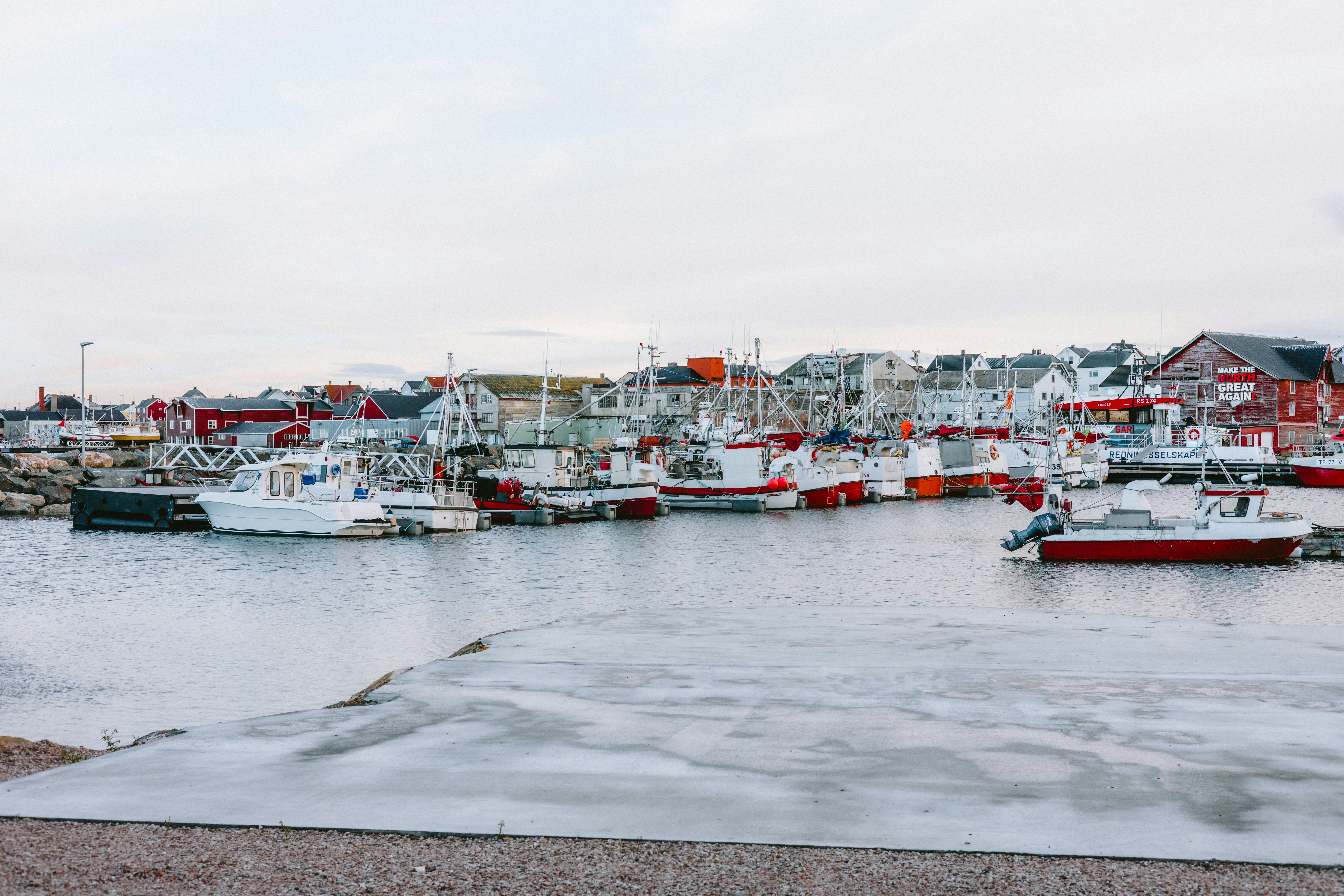 Fishing boats docked in a harbor with buildings behind.