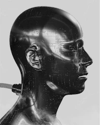 Shiny metallic head with circuit board patterns