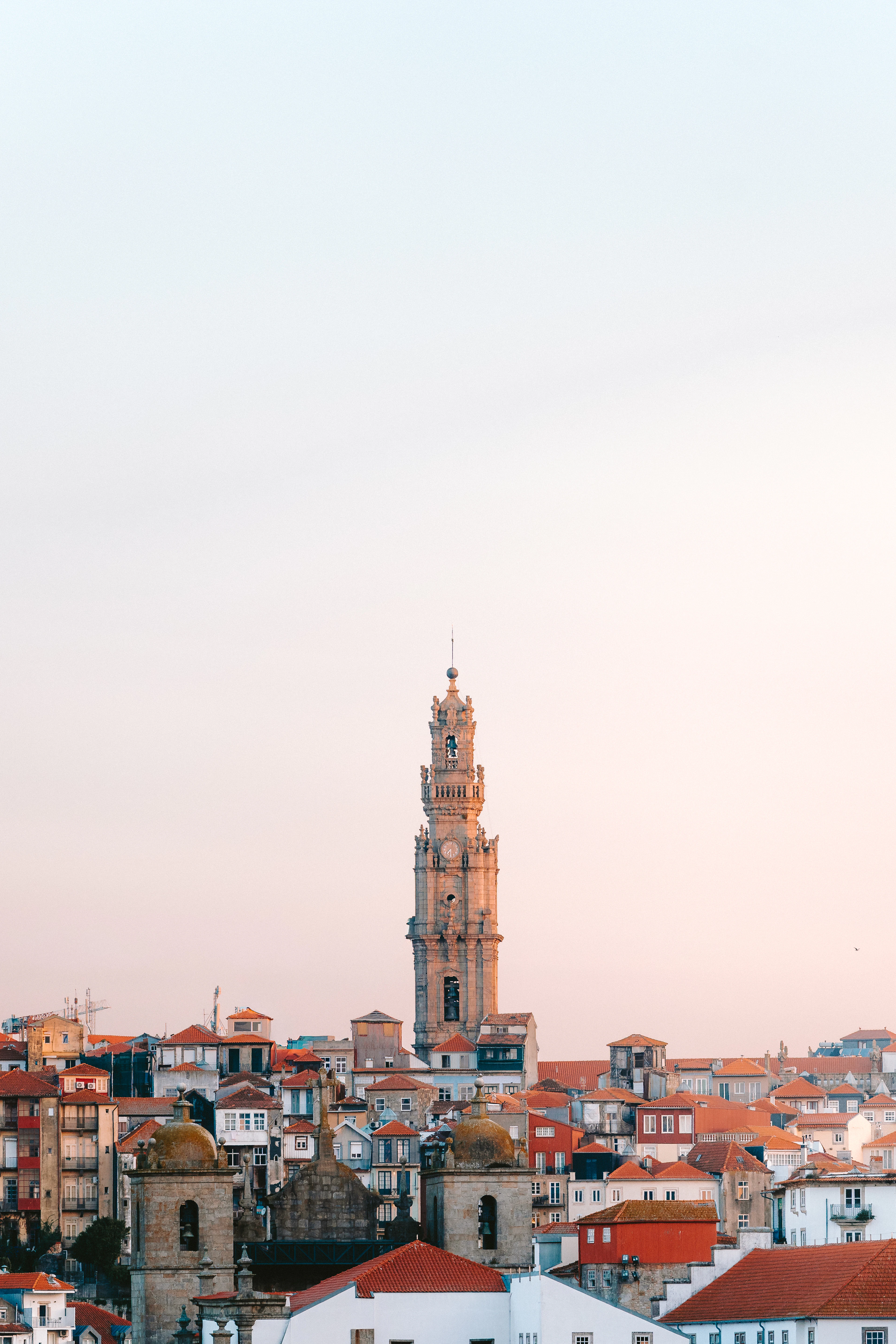 The baroque granite bell tower of the Clerigos church rising above a sea of orange-tiled Porto rooftops, silhouetted against a pale pink and apricot dusk sky.