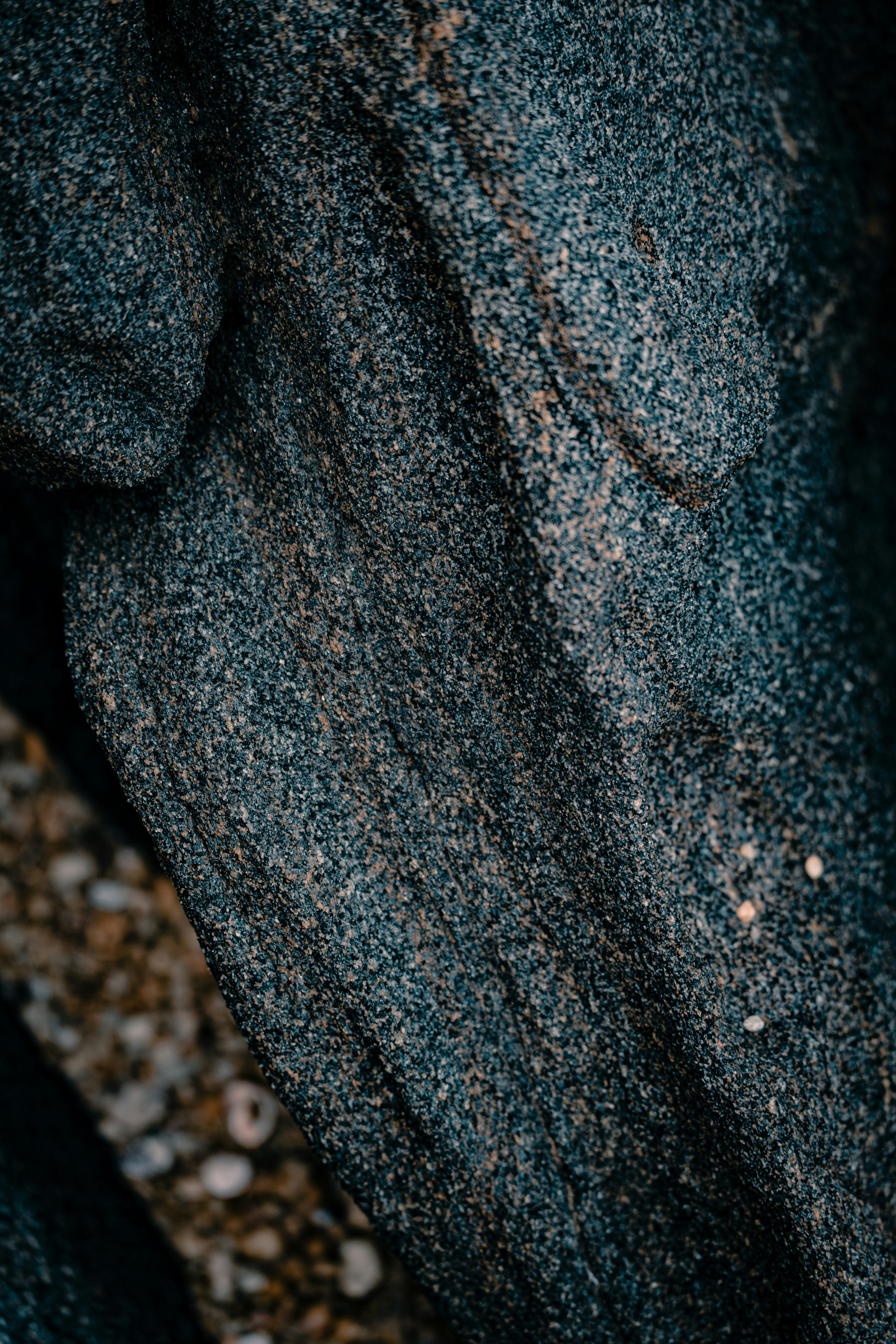 Close-up texture of dark, speckled rock formation