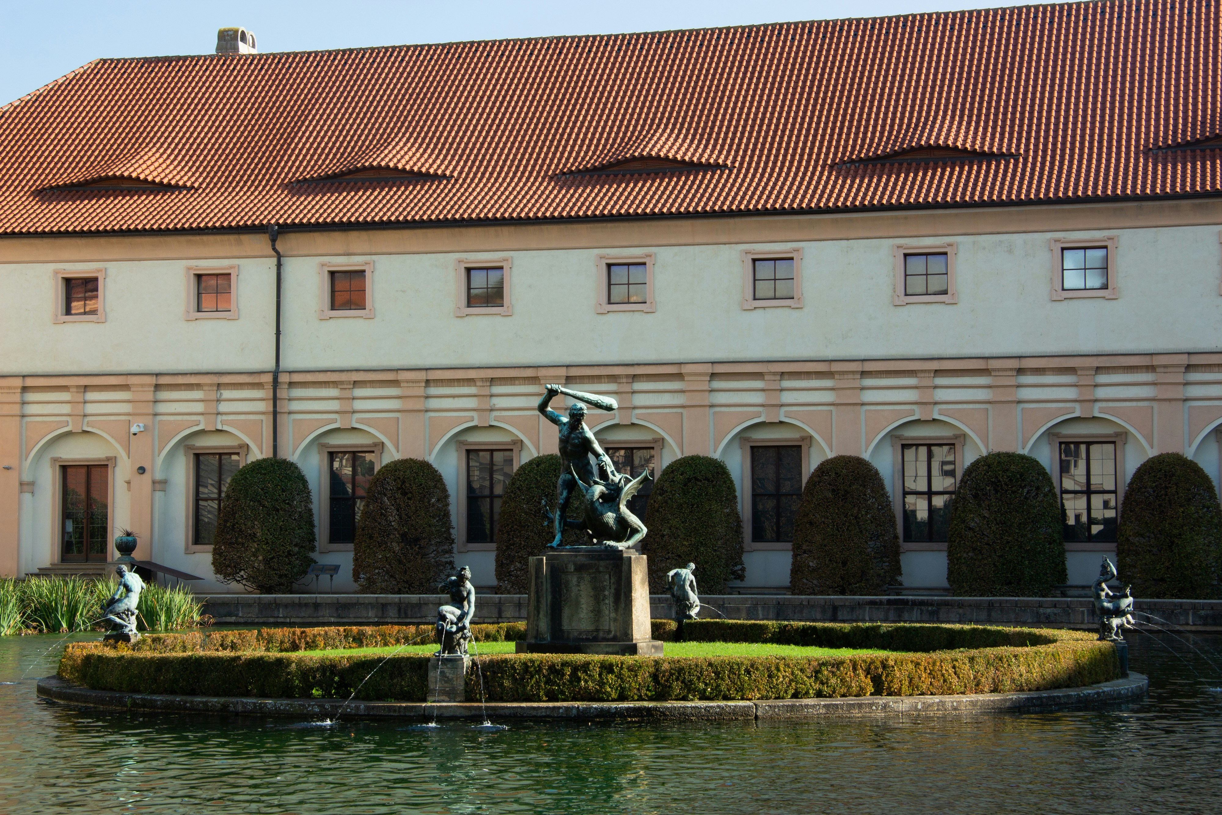 Fountain and sculptures in courtyard of historic building