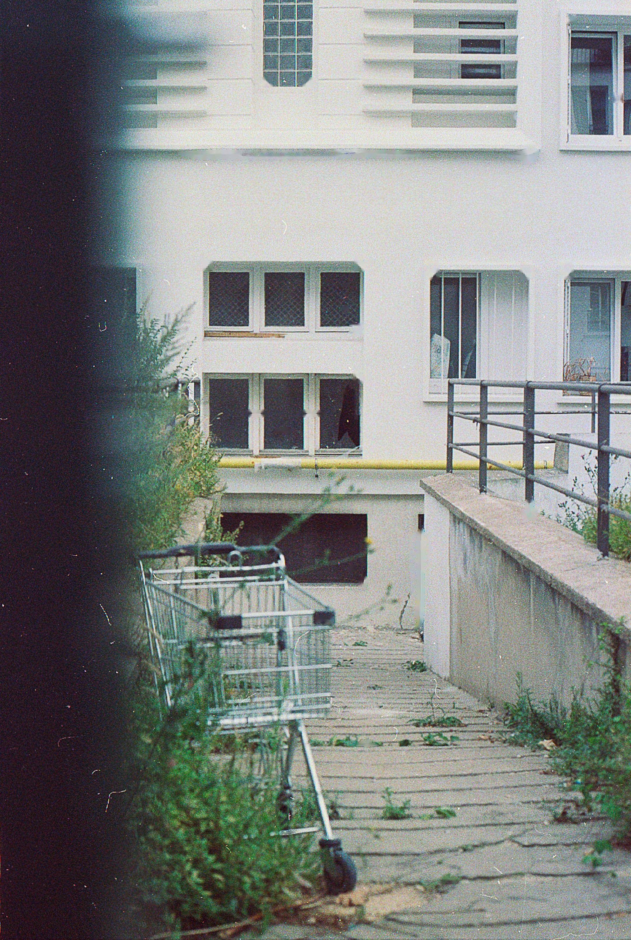 Shopping carts on a weathered wooden ramp.