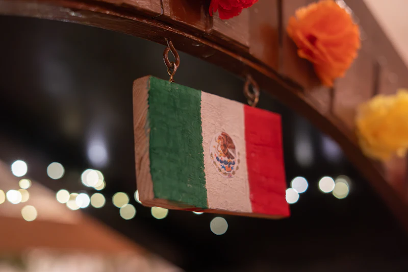 Banderita de México colgada con luces de fondo