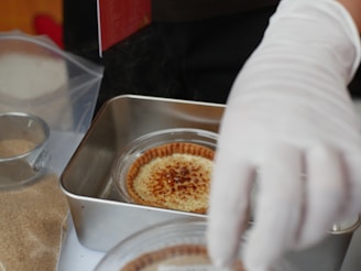 Chef in gloves preparing creme brulee desserts