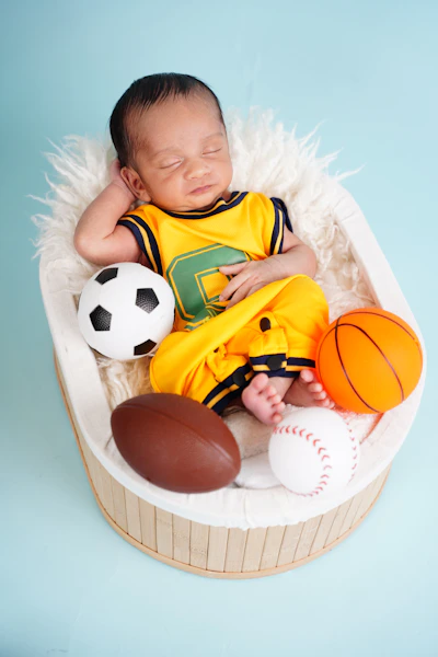 Newborn baby sleeping with sports balls in basket
