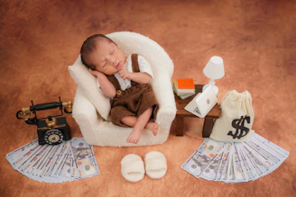 Newborn baby sleeps in tiny chair with money props.