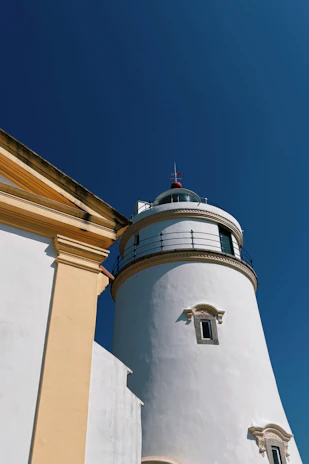 White lighthouse against a clear blue sky