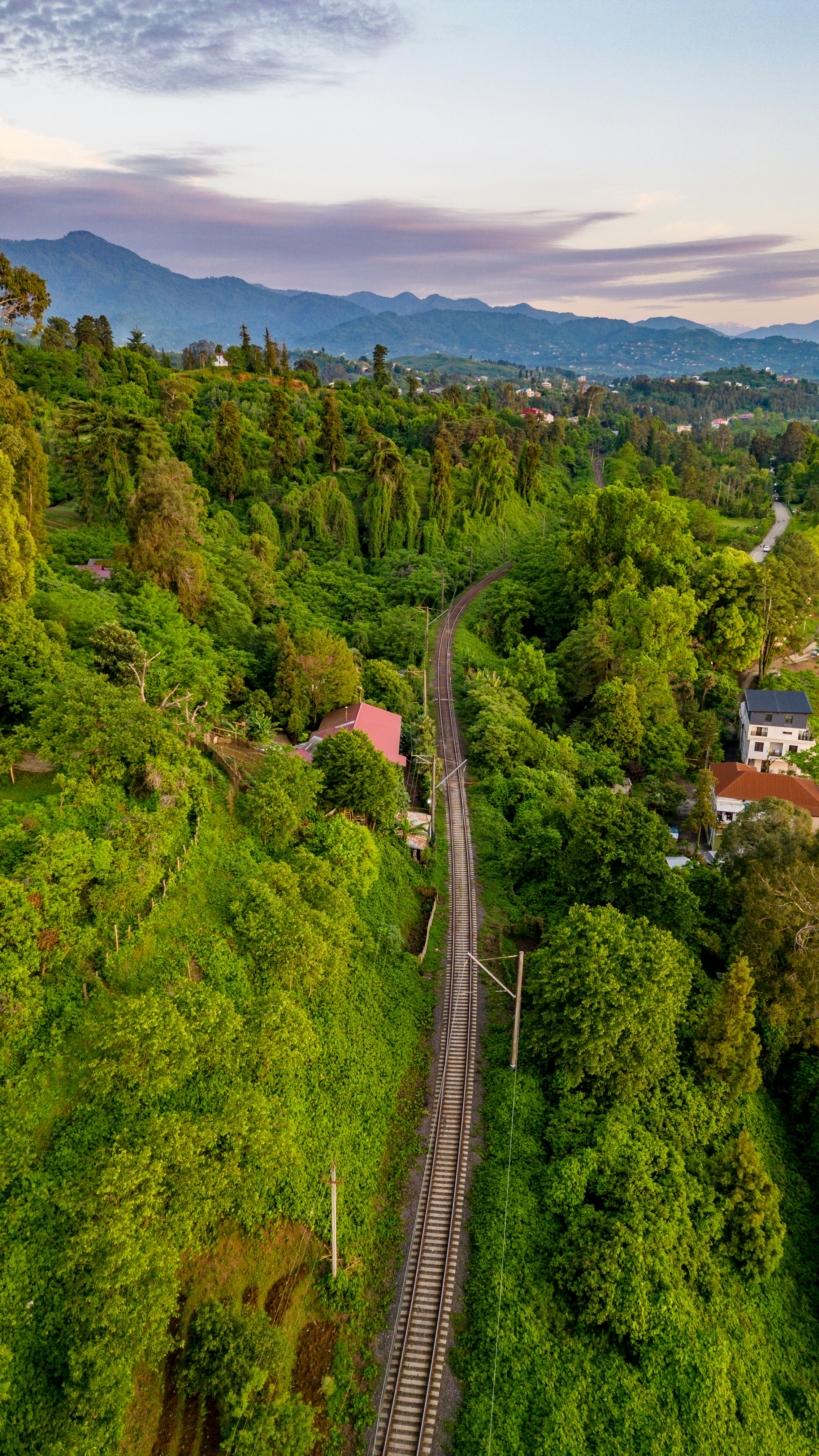 Train tracks winding through lush green hills and trees.