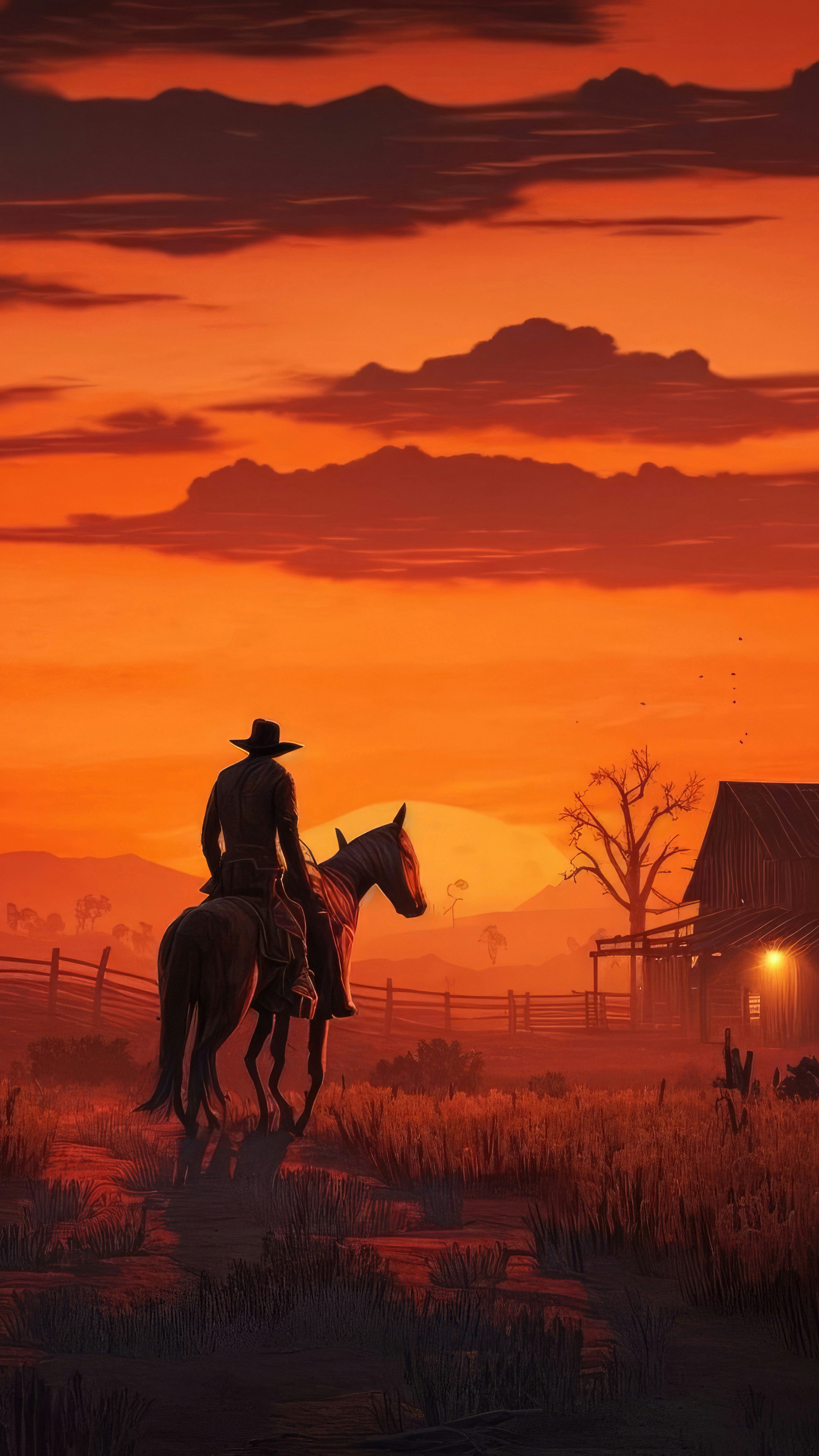 Cowboy riding horse at sunset near rustic cabin.