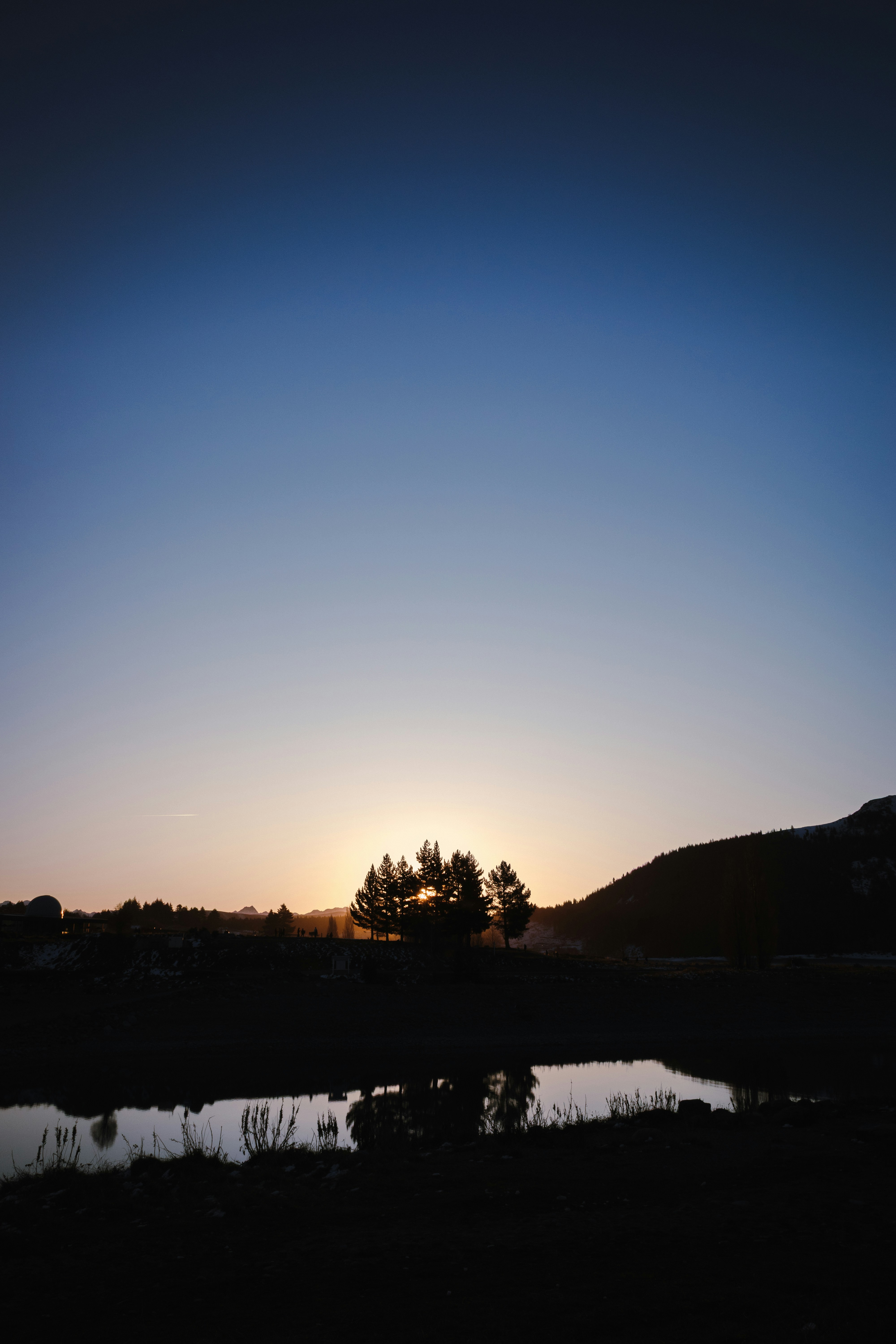 Sunset behind trees over a calm body of water
