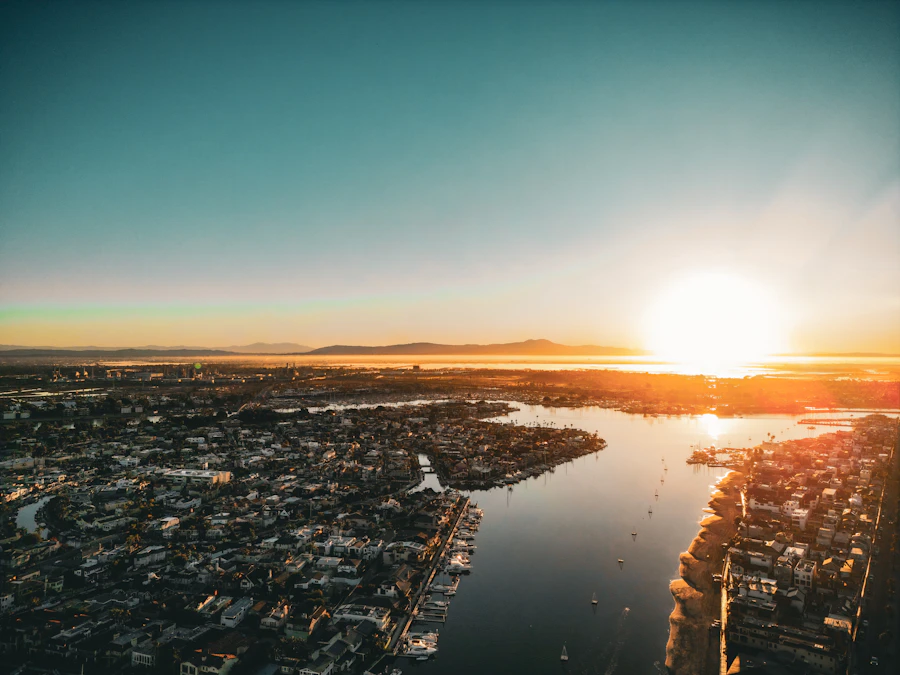 Aerial view of a Southwest Florida coastal community at sunset