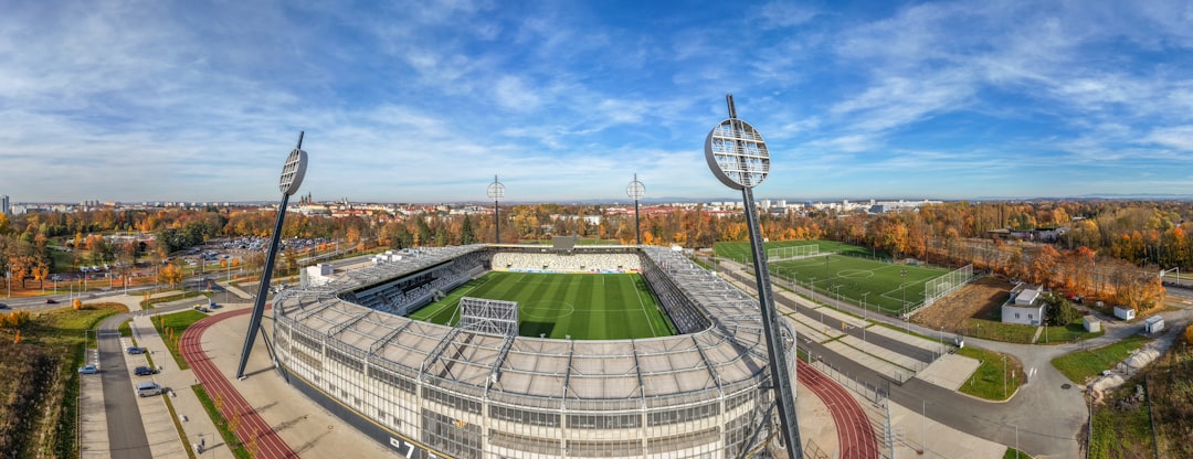 Aerial view of a football stadium on a sunny day