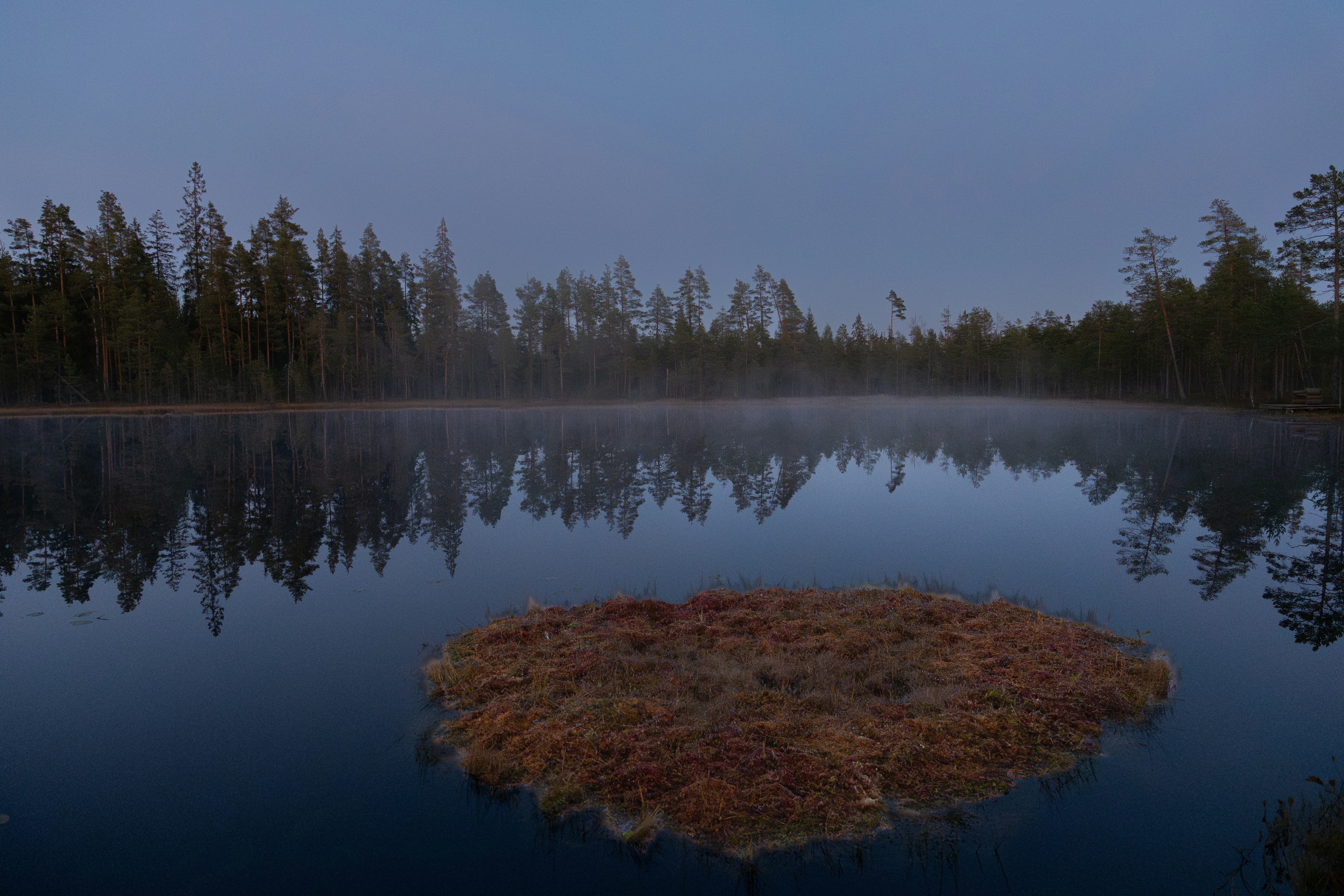 Misty lake reflection