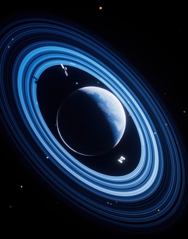A ringed planet with a satellite orbiting
