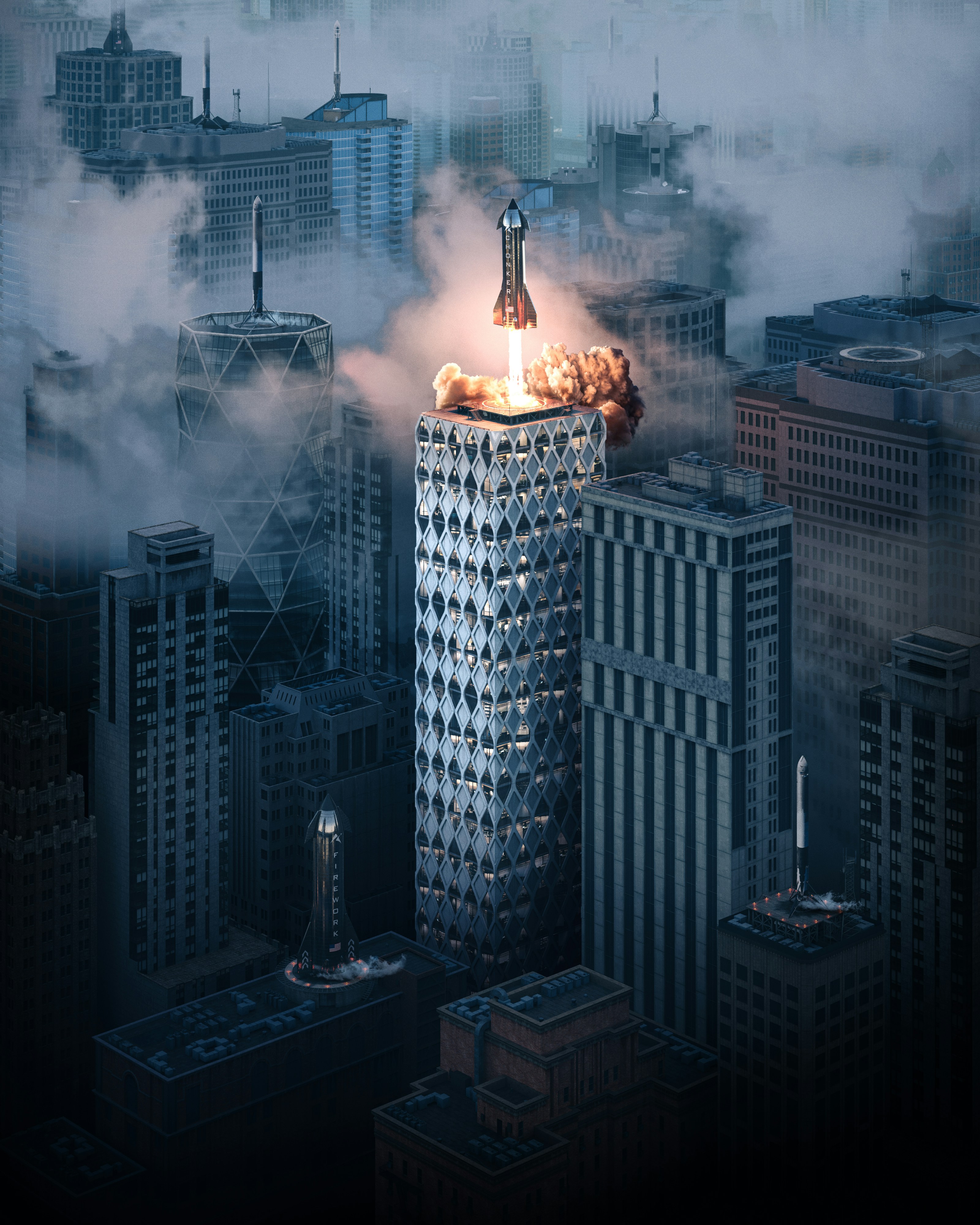 Rocket launching from a skyscraper in foggy city