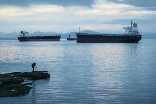Person watches cargo ships on the water.