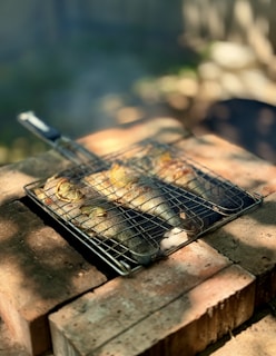 Fish grilling on a metal rack over bricks