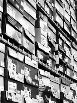 Rows of shoe boxes stacked high on shelves