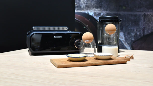 Kitchen appliances with eggs and milk