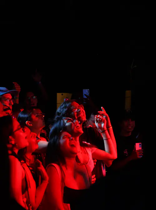 A crowd enjoying a live event under stage lighting