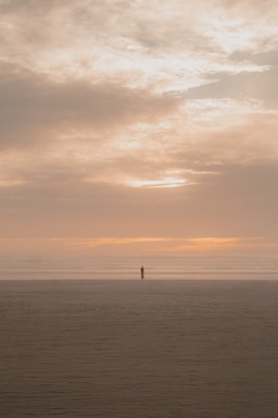 A lone figure stands on a vast beach at sunset.
