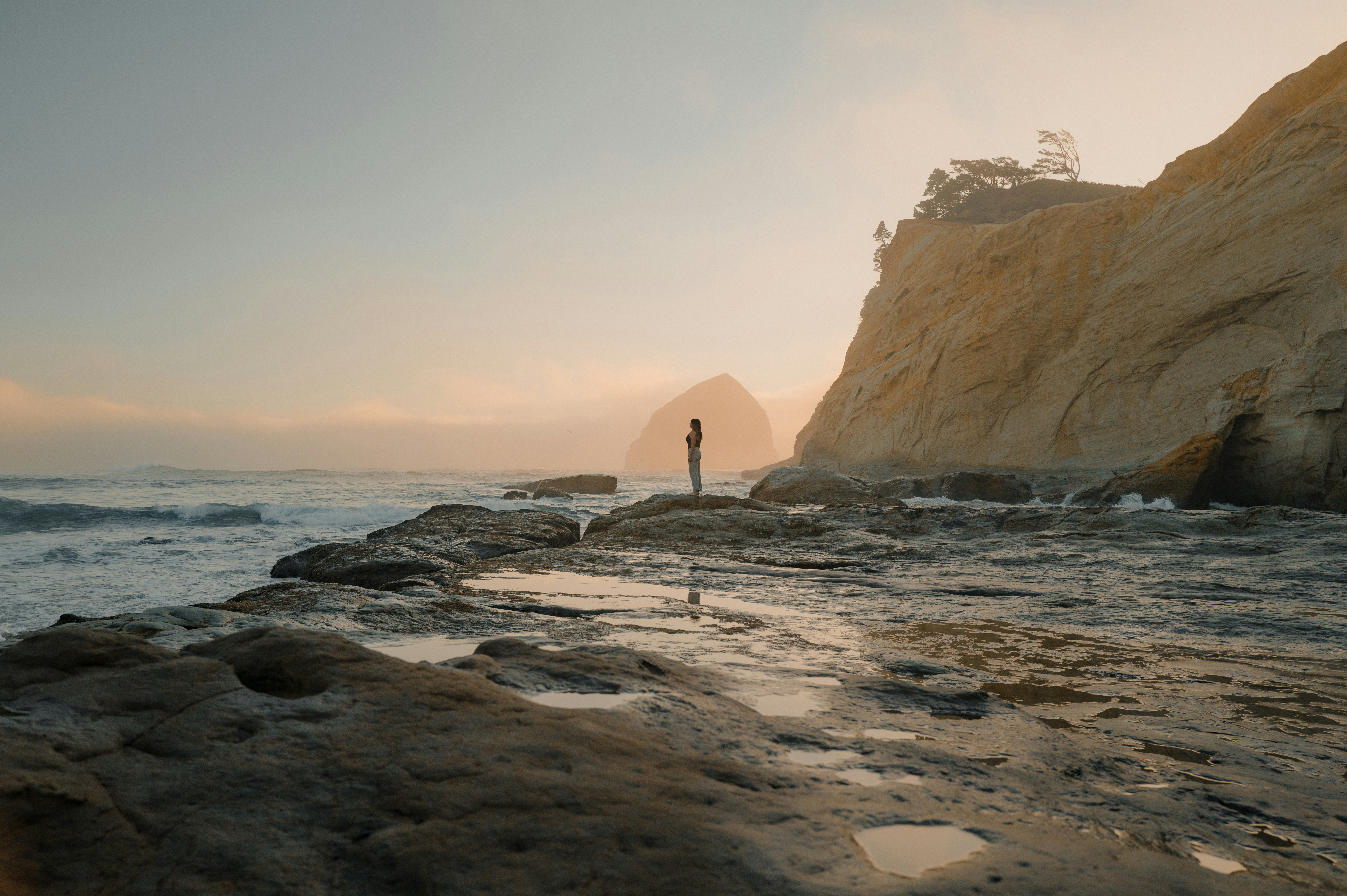 persona, standing, su, costa rocciosa, a, tramonto