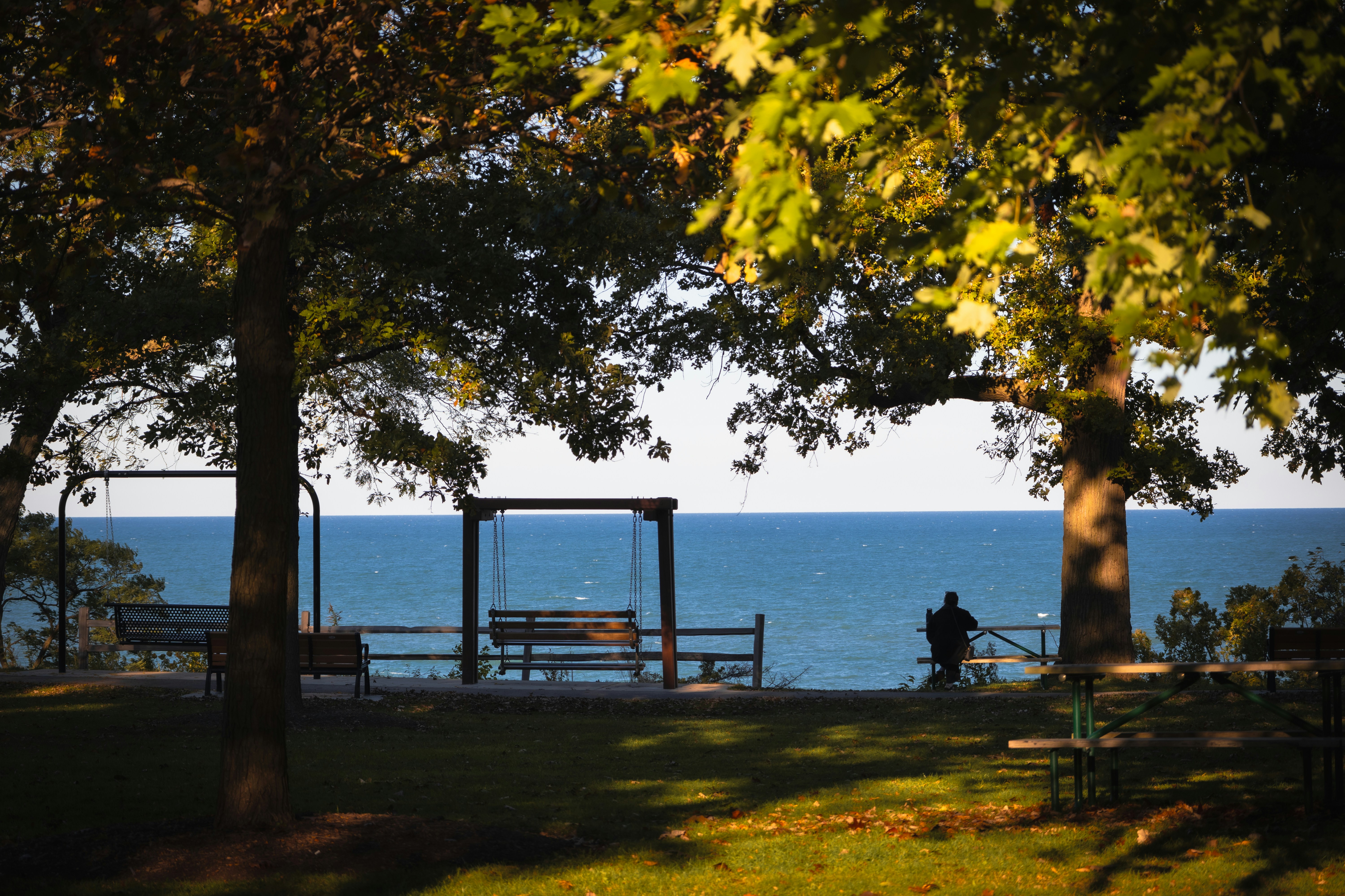 Park overlook with benches and ocean view