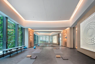Modern yoga studio with large windows and mats.