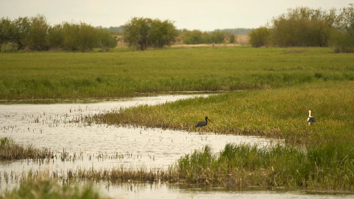 Wetland channel winding through grassland with wading birds