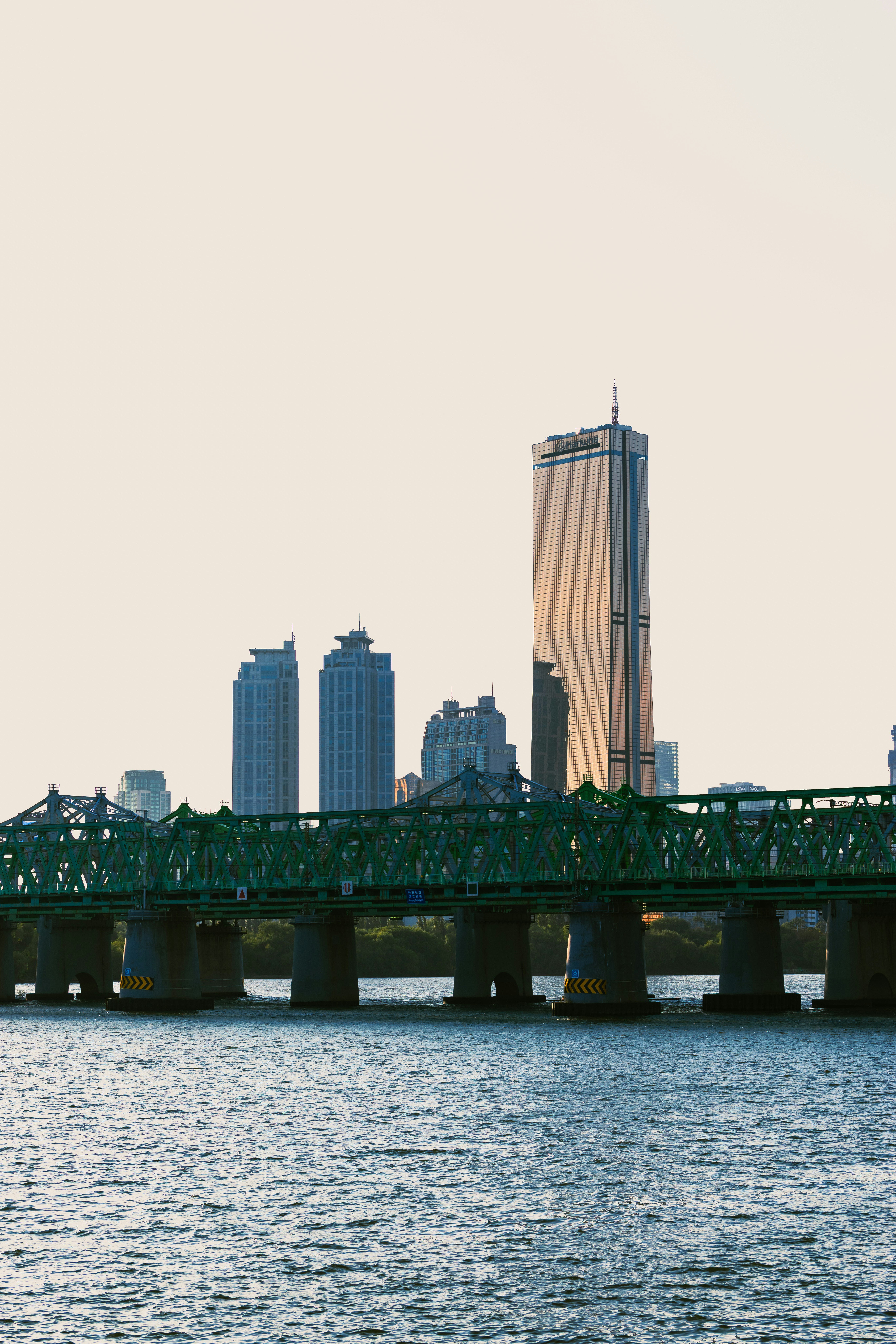 Green bridge spans river with city skyline beyond