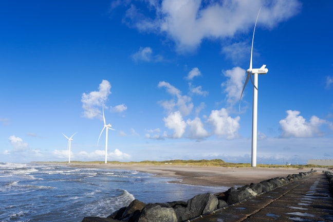 Wind turbines on a beach under a blue sky.