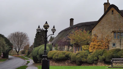 Thatched cottage with a lamppost and autumn trees