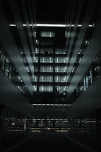 Modern office building interior with geometric lighting patterns