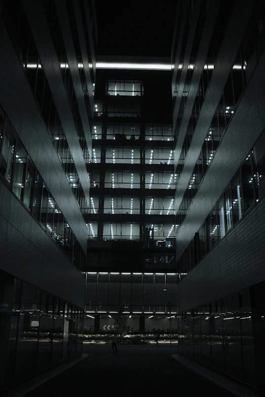 Modern office building interior with geometric lighting patterns