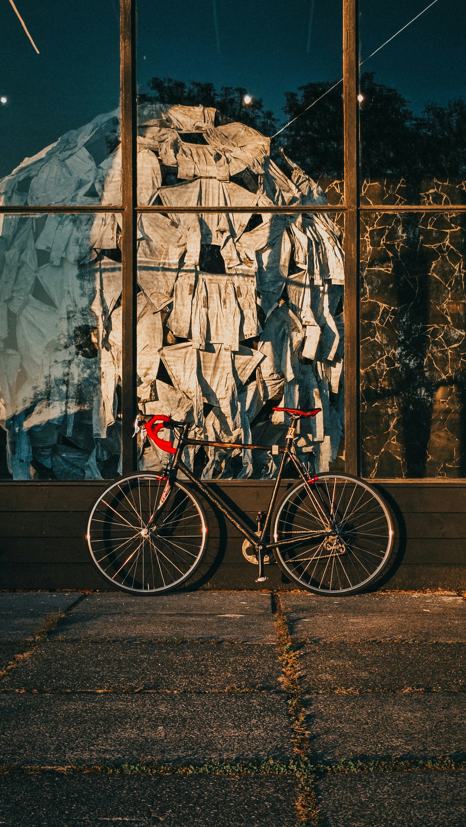 A bicycle leans against a window display