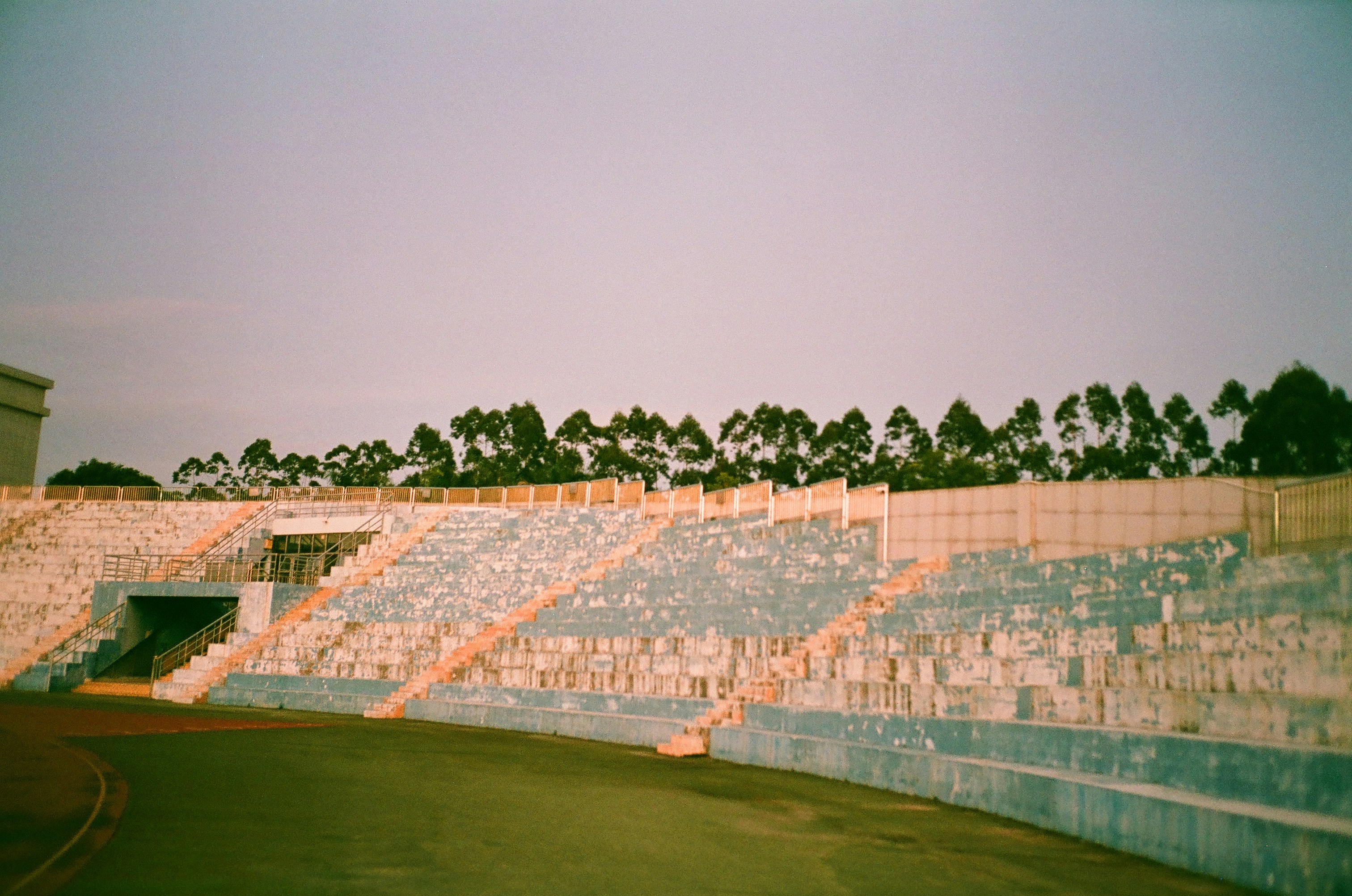 Leere Sitzplätze im Stadion mit Bäumen im Hintergrund