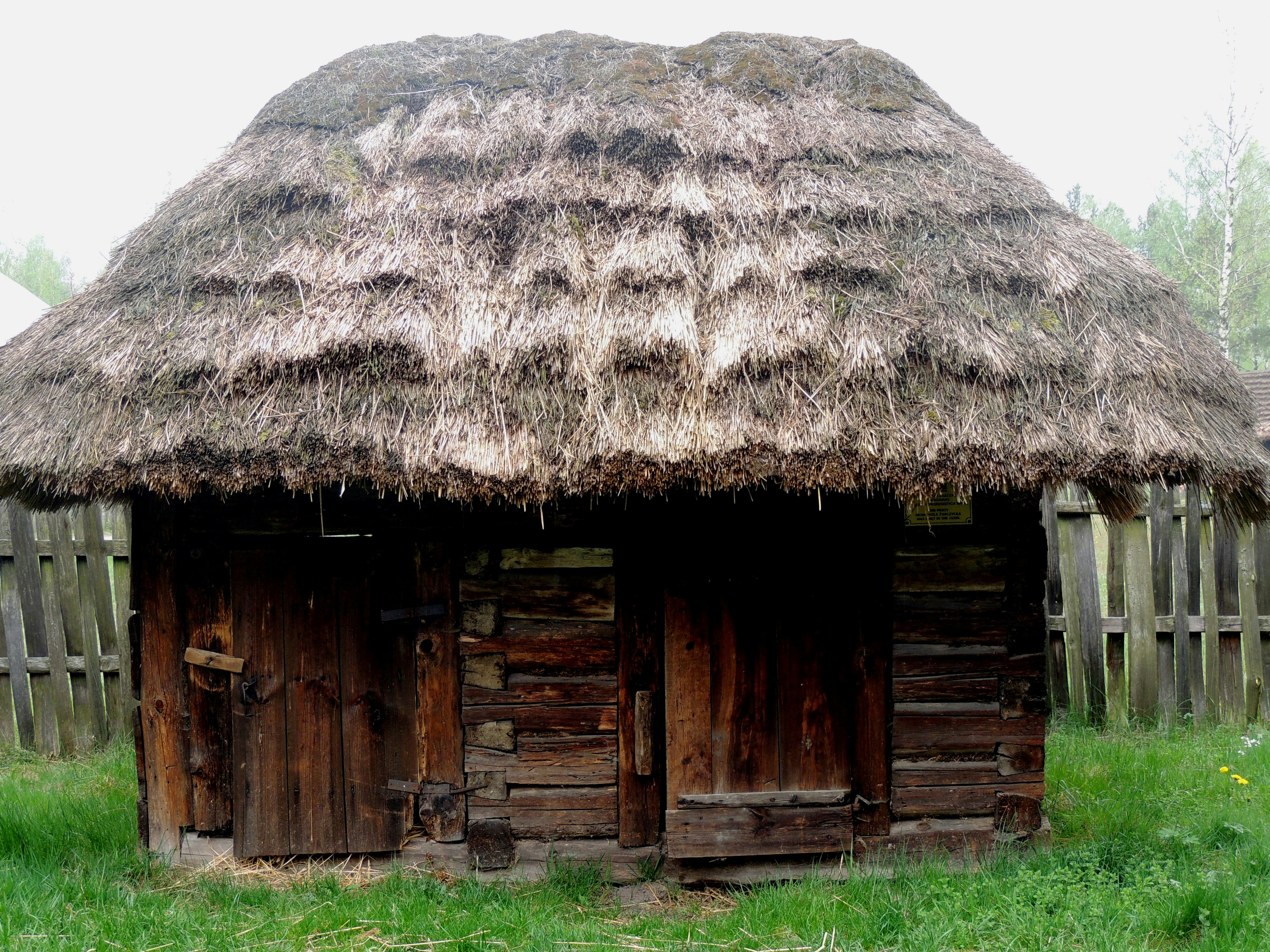 Rustic wooden shed with a thatched roof