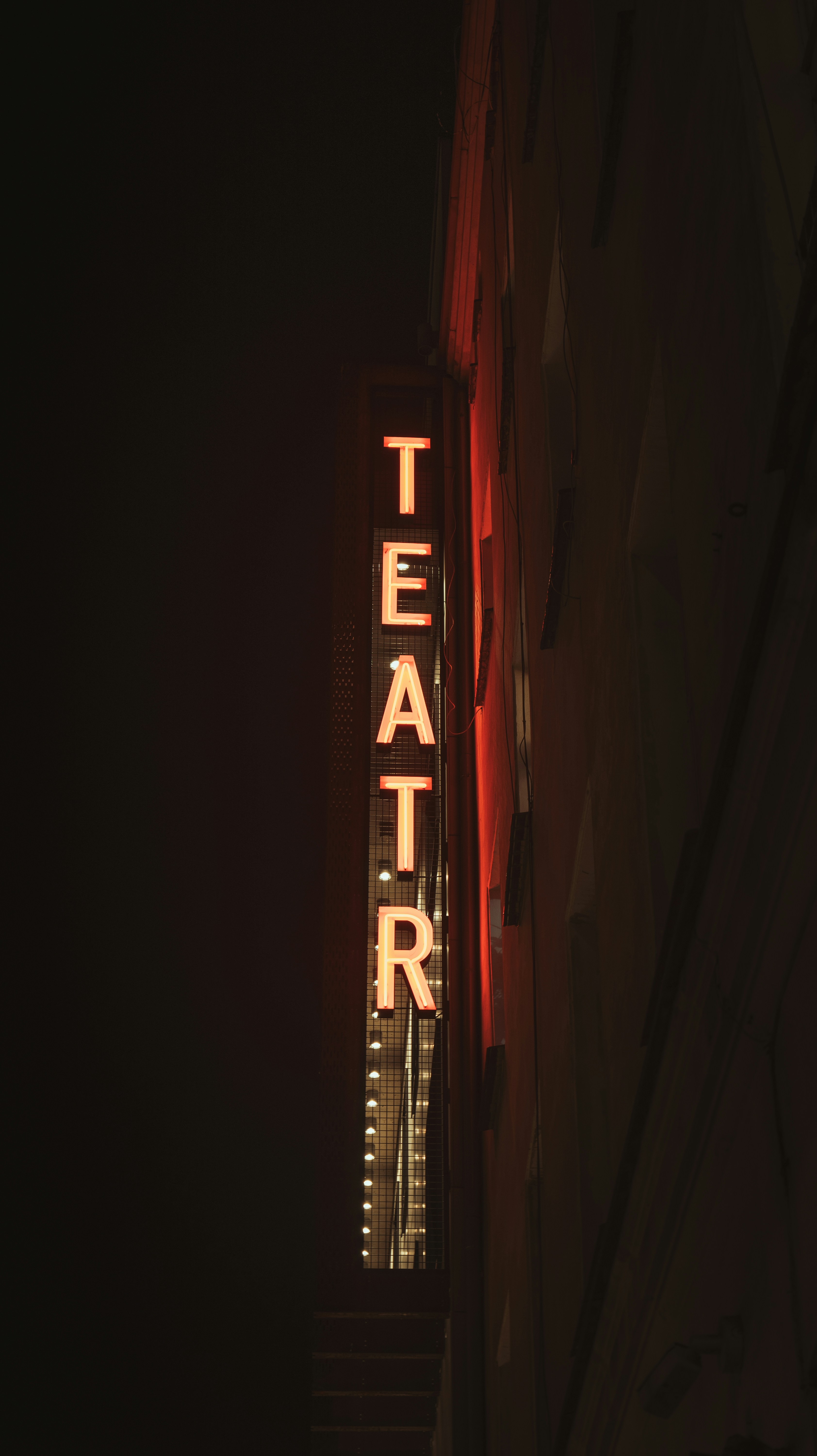 Vertical neon sign spelling "teatr" at night.