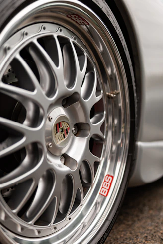Close-up of a silver bbs alloy car wheel