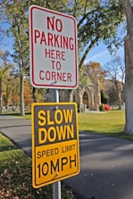 No parking here to corner, slow down speed limit 10mph.