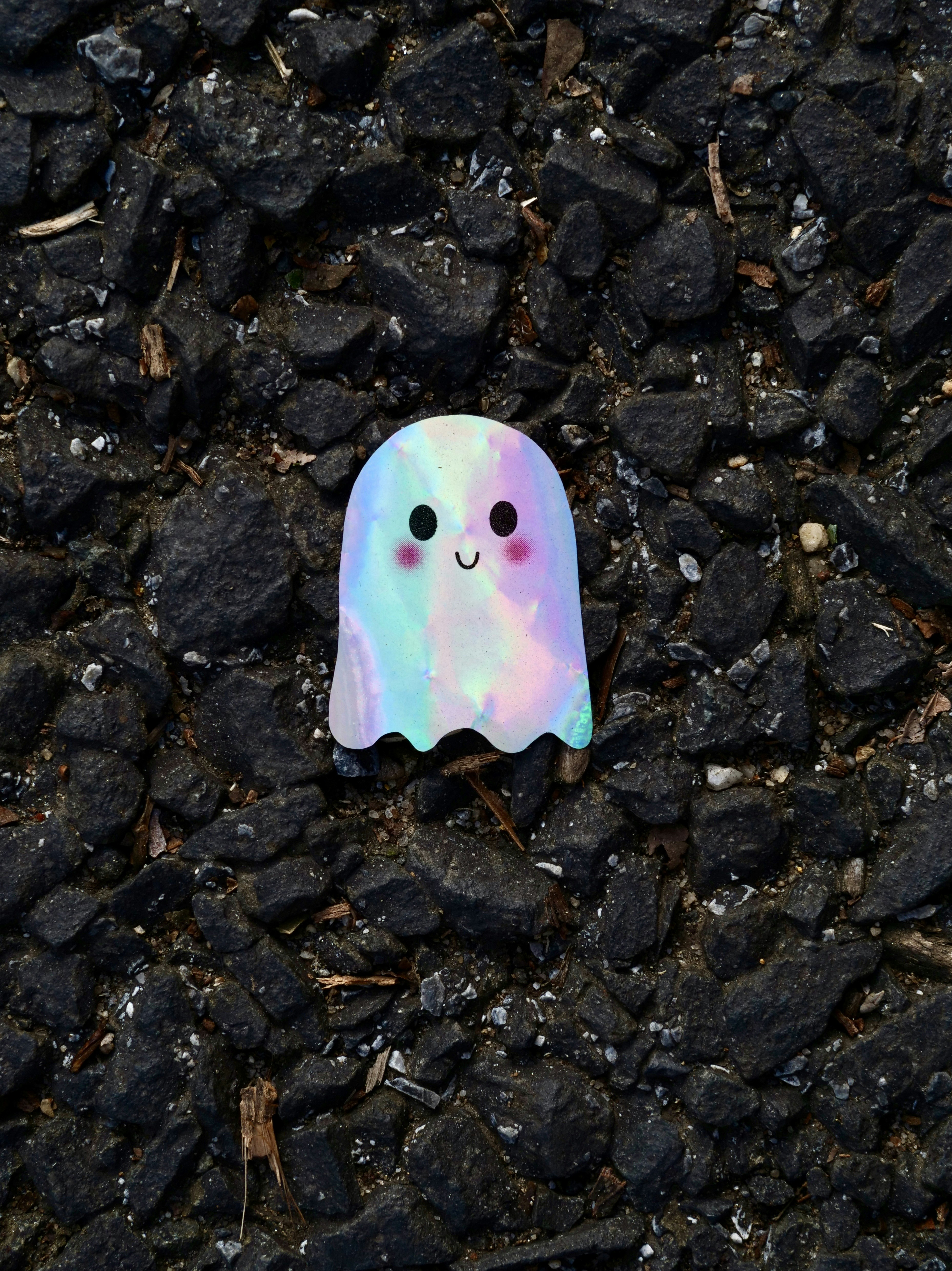A holographic ghost sticker on dark gravel