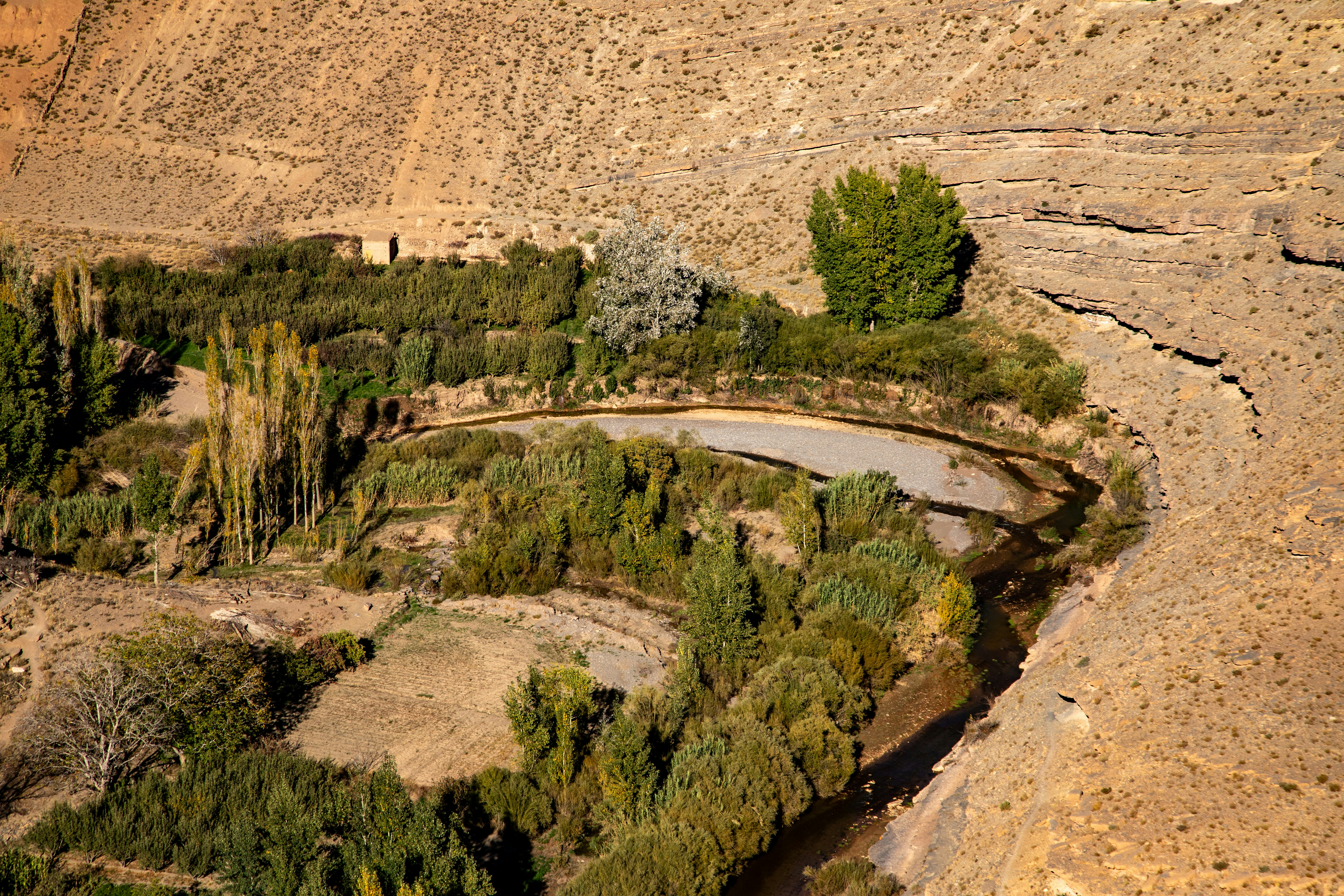 A winding river flows through a dry, arid landscape.