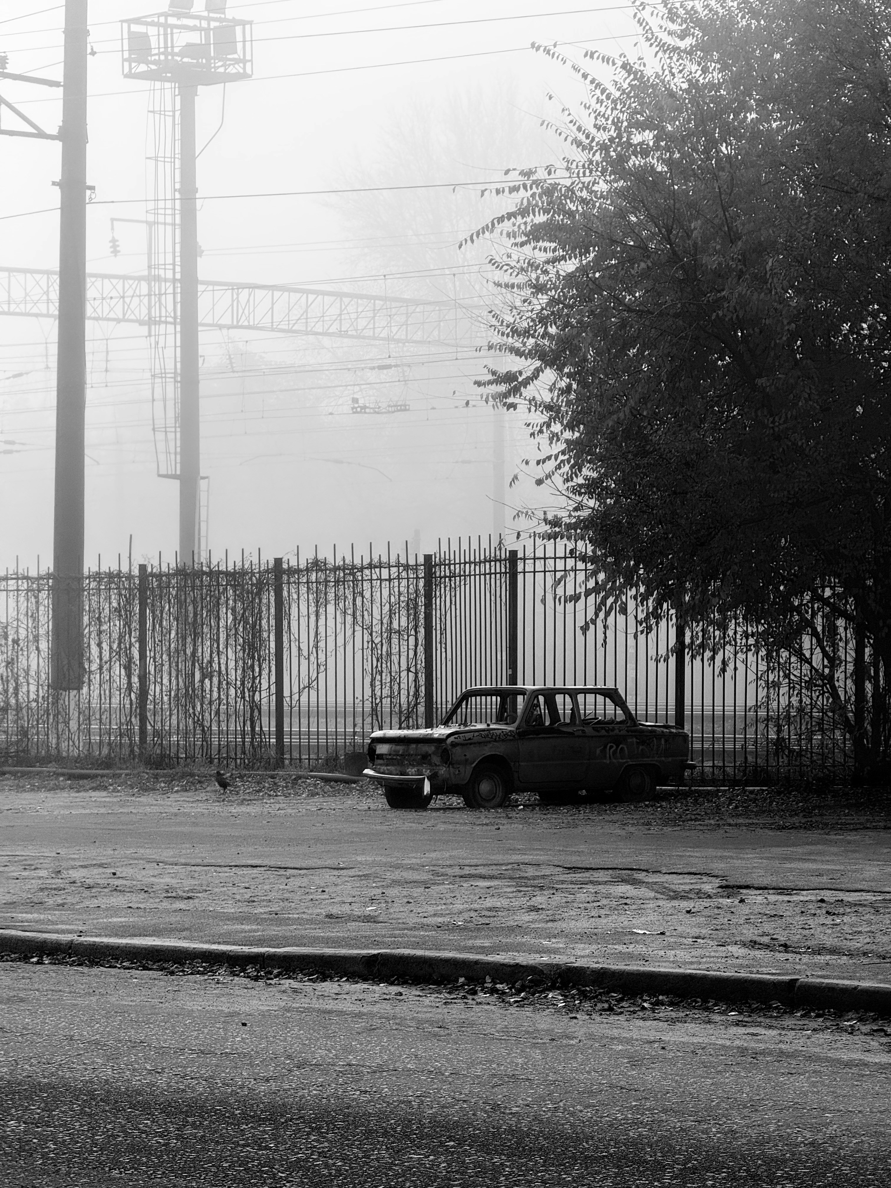 Old car parked near a fence in fog.