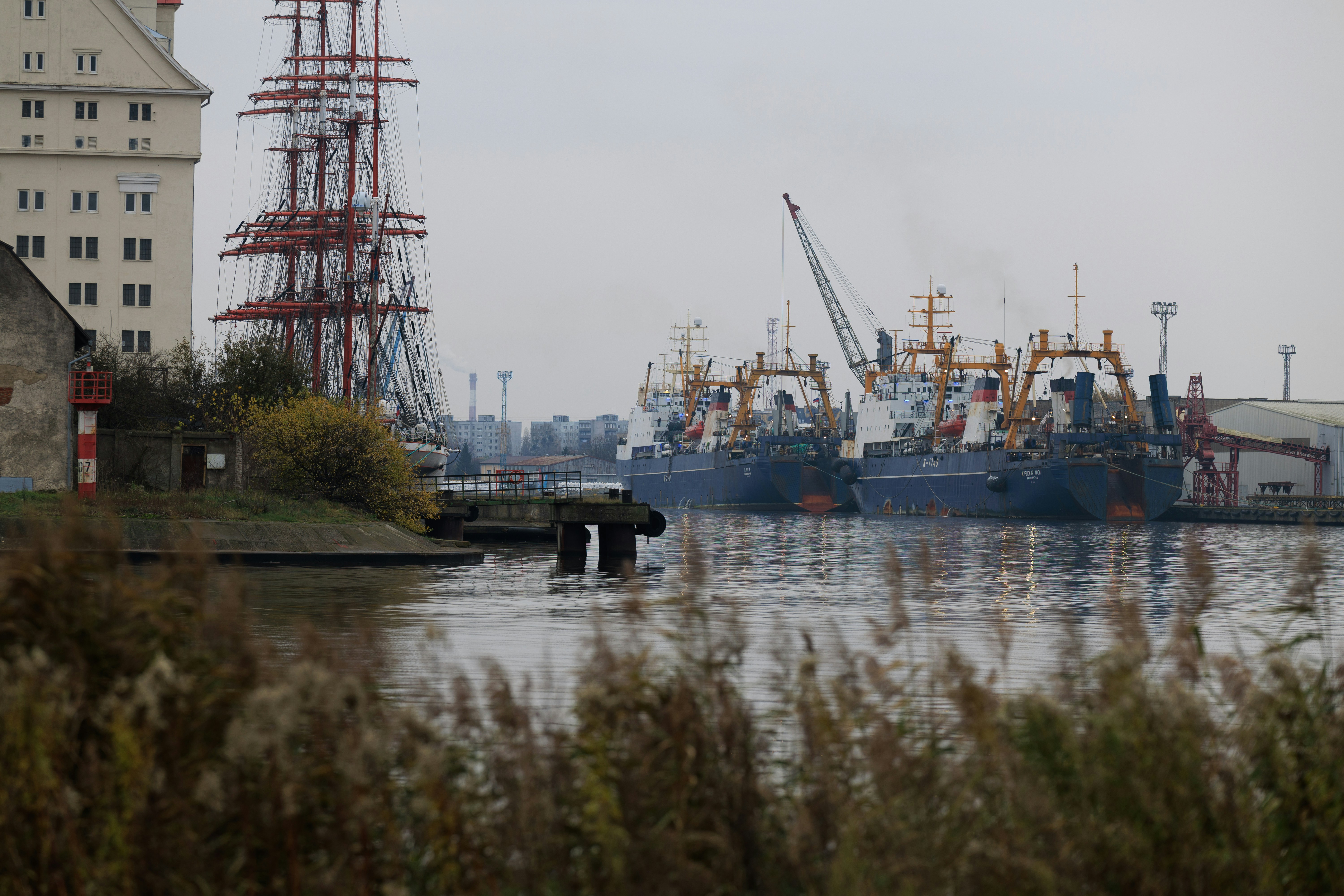 Tall ship and fishing boats docked at harbor