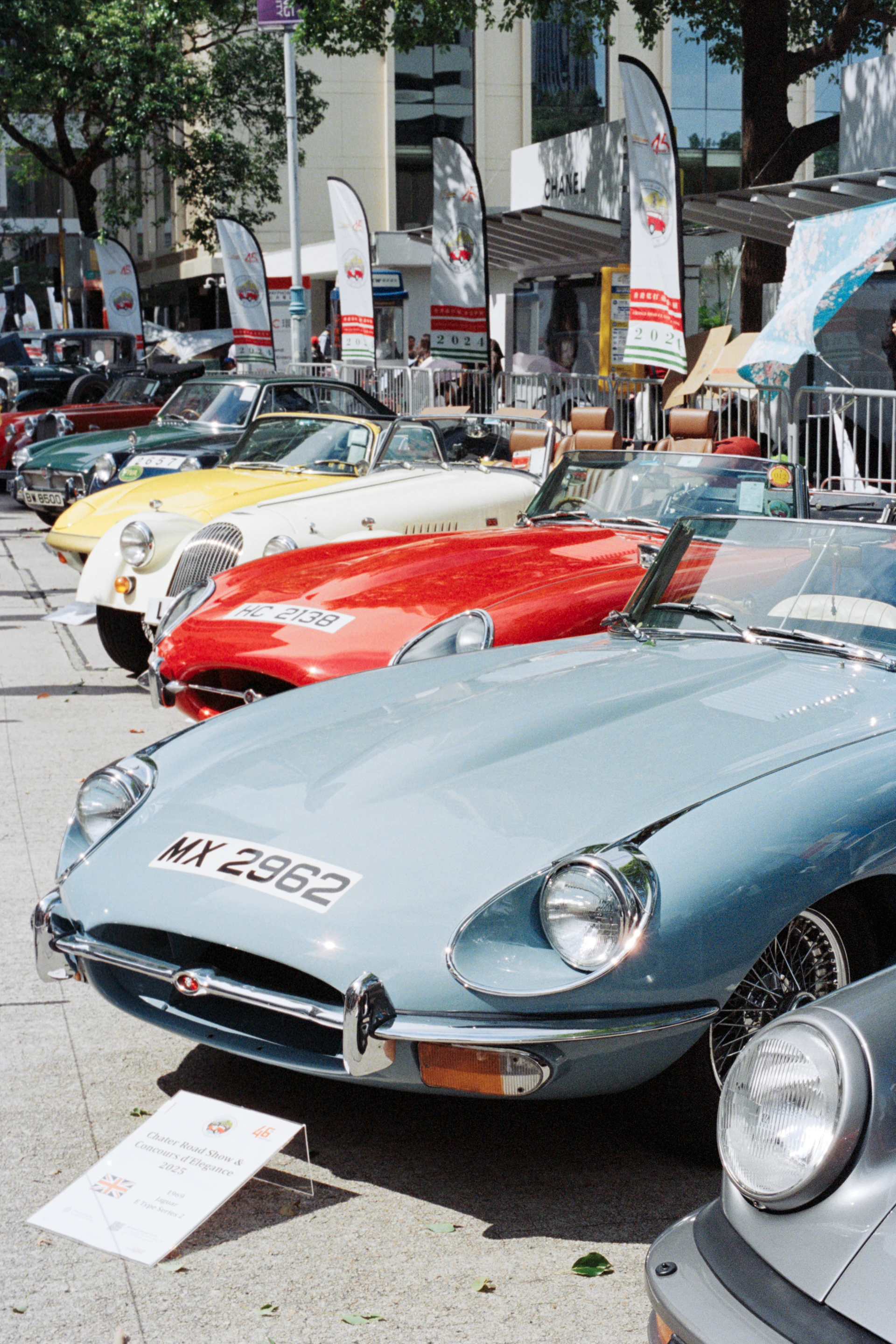 Classic cars lined up at an outdoor event.