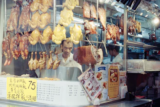 Butcher shop with hanging roasted chickens and ducks