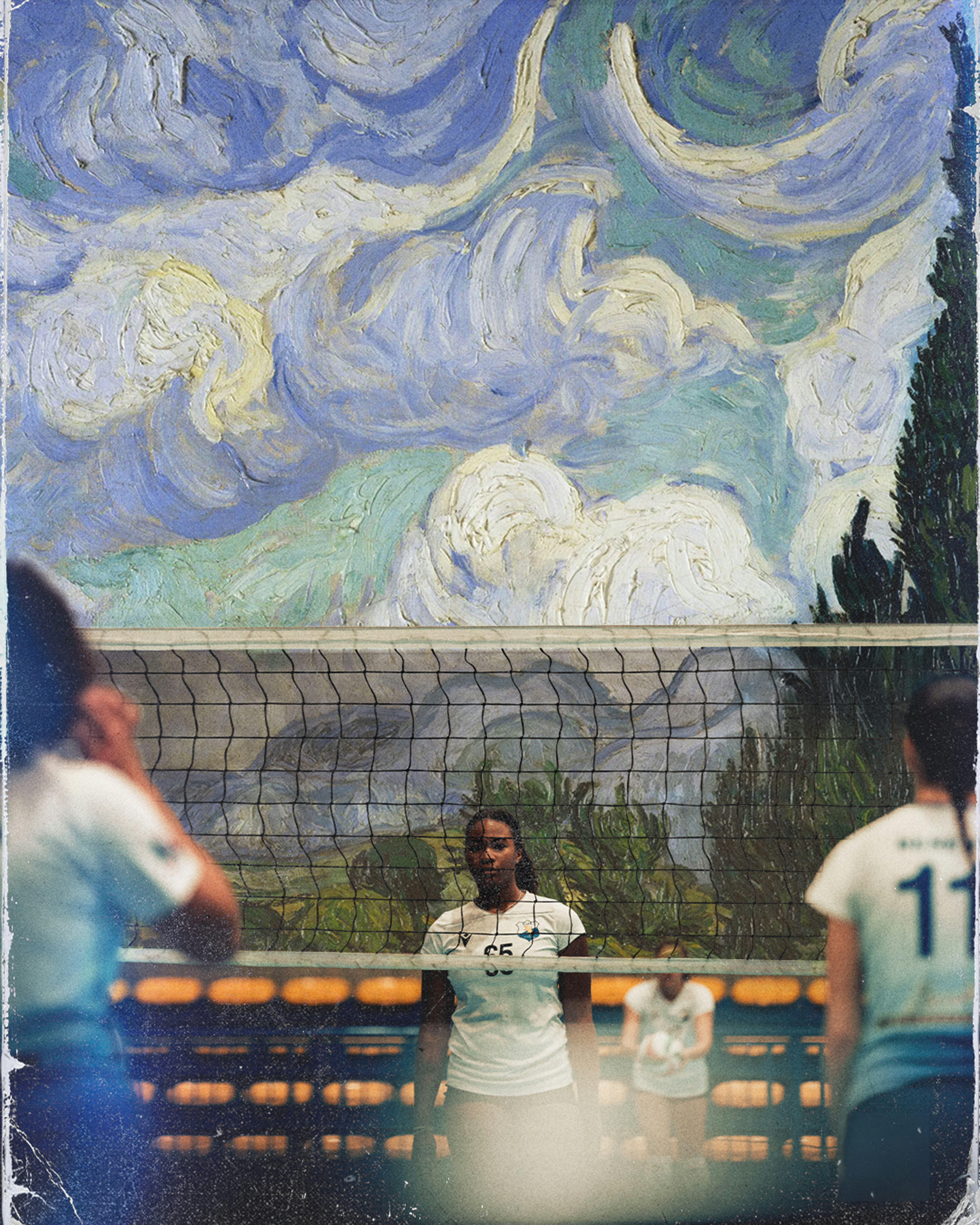 Joueurs de volley-ball devant le ciel à la van gogh