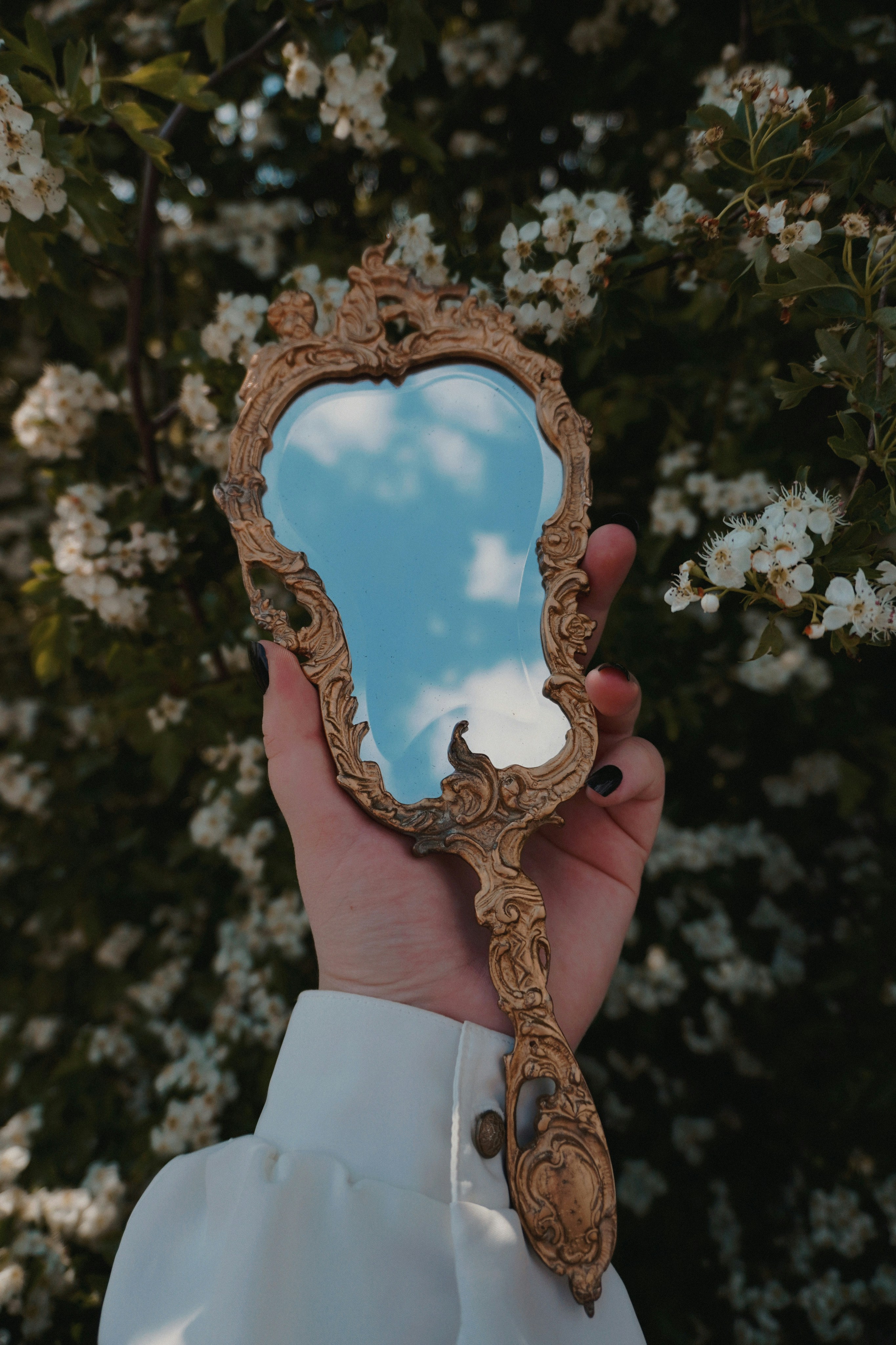 Ornate hand mirror reflecting blue sky and clouds.