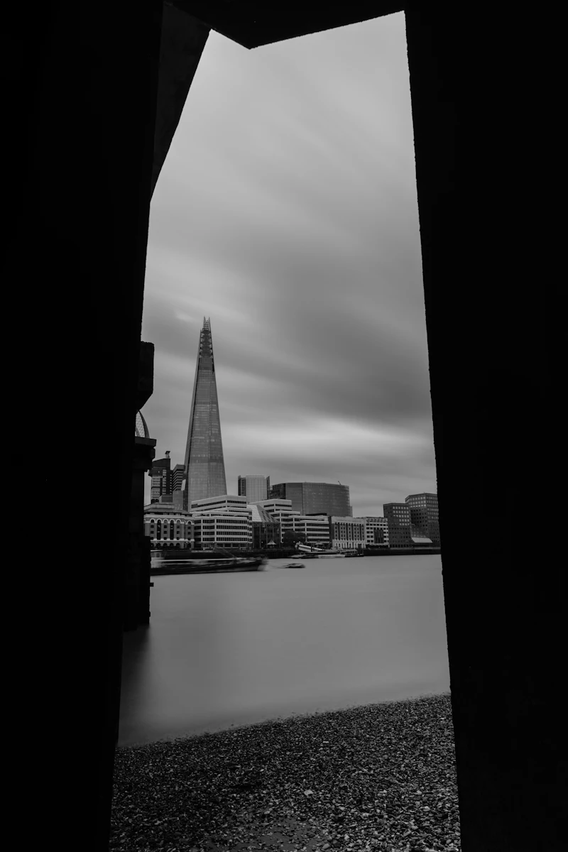 The Shard skyscraper and London skyline at dusk, South Bank